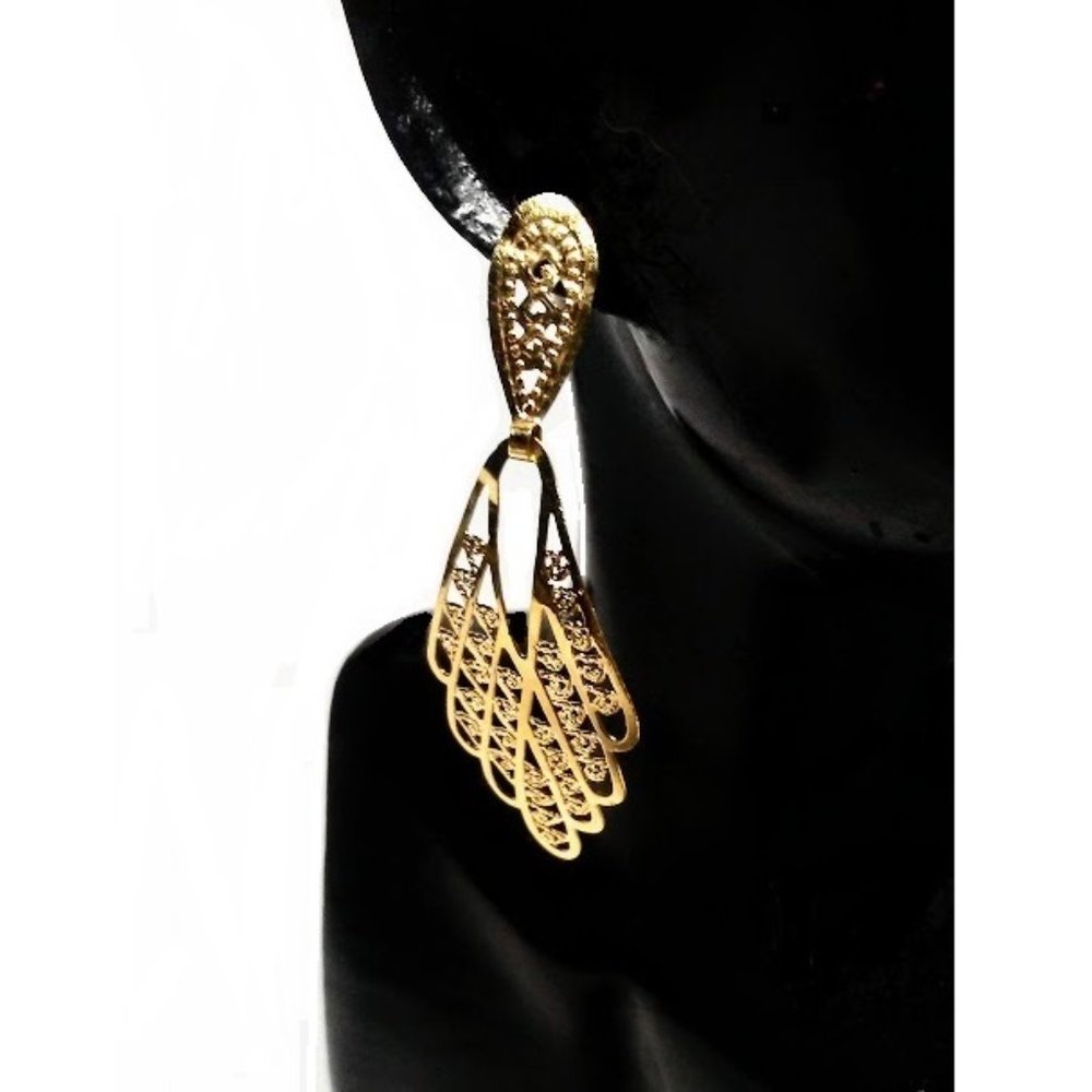Solid 14k Yellow Gold Filigree Dangle Drop Post Earrings 35mm